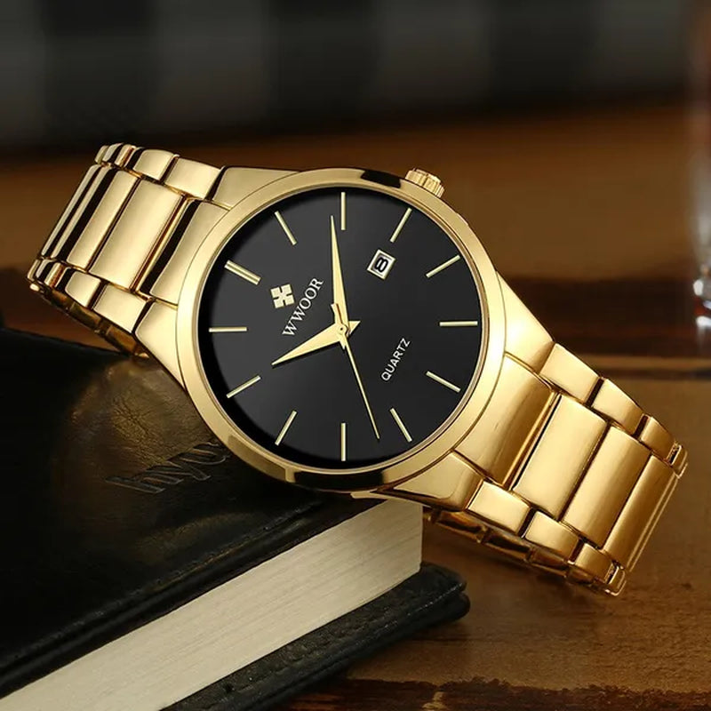 relojes hombre 2020 WWOOR Gold Watch Men Luxury Mens Quartz Wristwatch Business Watch Stainless Steel Waterproof Auto Date Clock with gift box - WORLD TIME VISITS