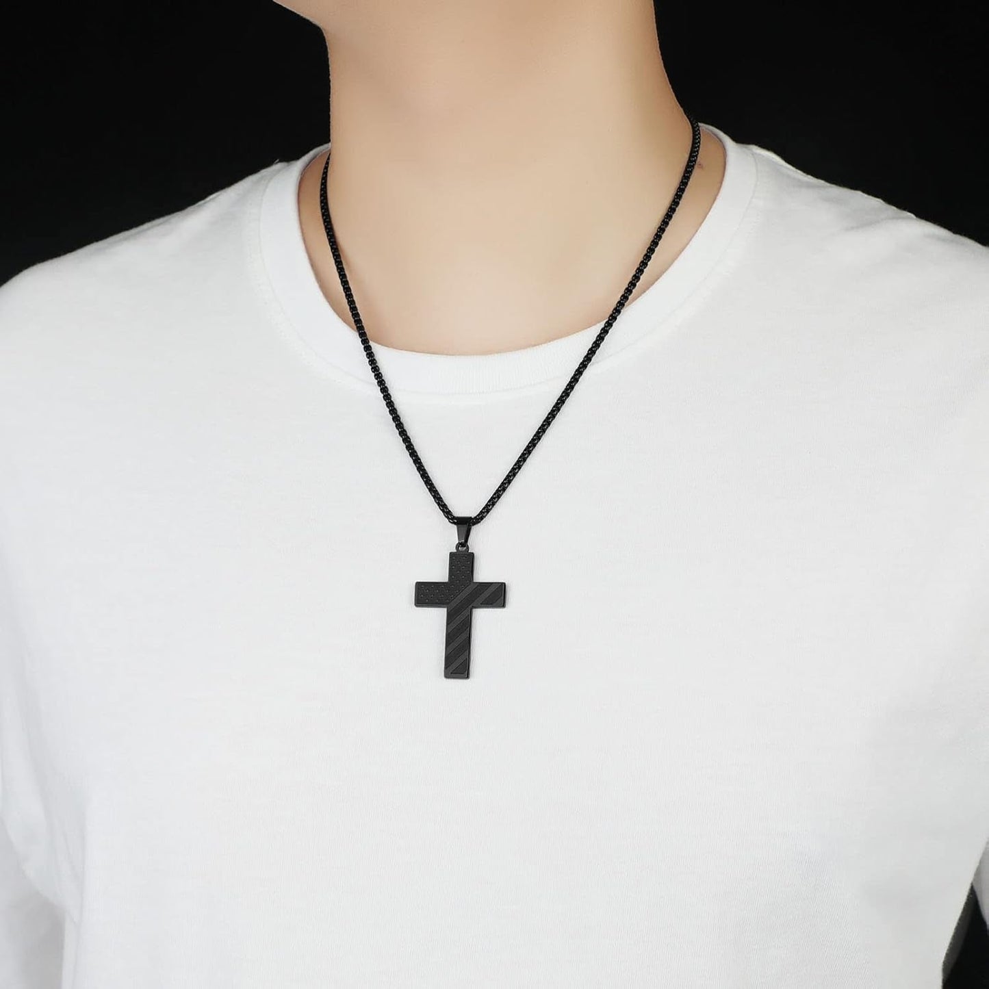 American Flag Cross Necklace for Men Stainless Steel Box Chain 22+2 Inch Inspirational Bible Verse Cross Pendant Patriotic Jewelry Personalized Christian Gift for Men