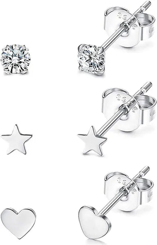 3 Pairs of 925 Sterling Silver Women'S Ear Studs Cubic Zirconia Ear Studs Cartilage Ear Rings Gold Plated Earscreen Spiral Perforation
