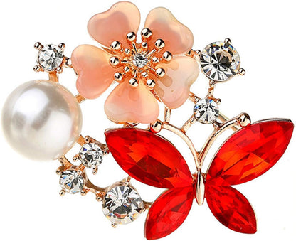 Women Faux Quartz Butterfly Flower Imitation Pearl Brooch Pin Lapel Clip Decoration Festival Birthday Gift- Rose Gold Festival Birthday Gift- Red