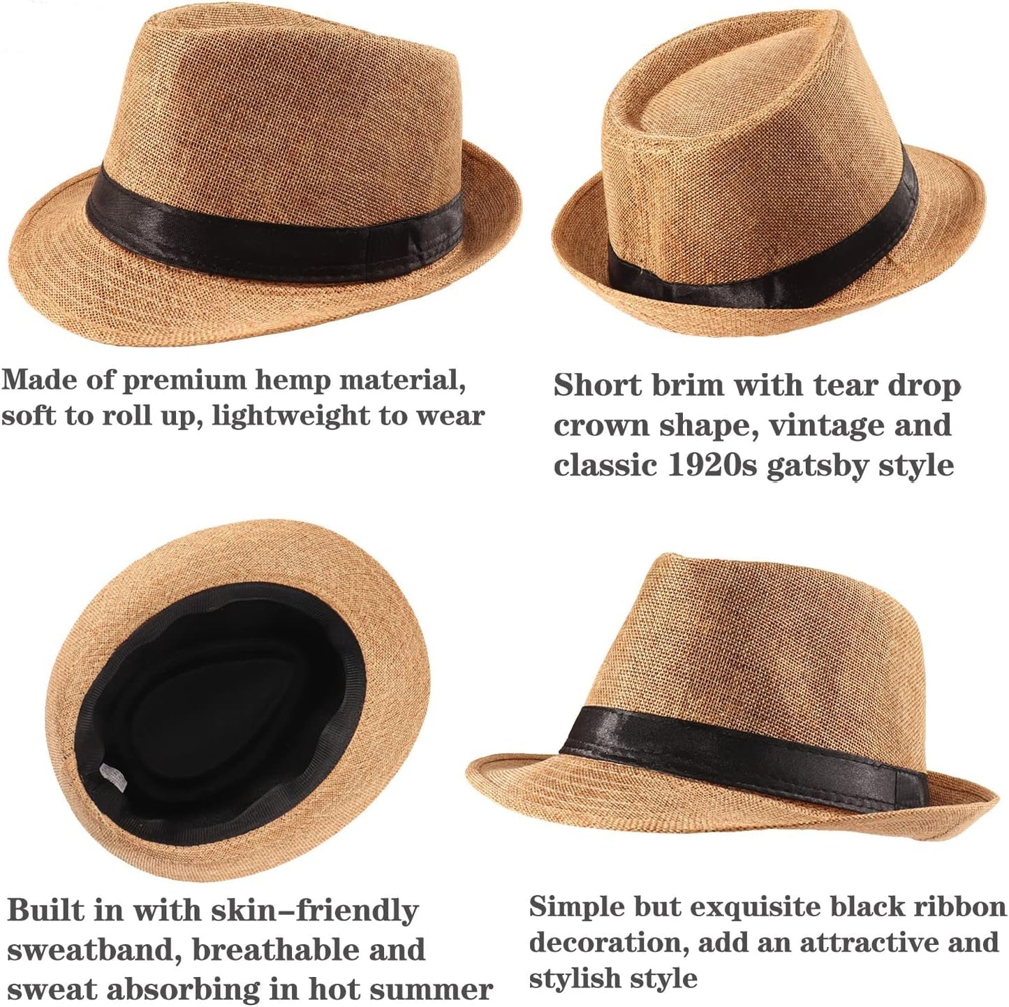 5 Pack Short Brim Fedora Classic Summer Beach Sun Hat Panama Cap for Men Women