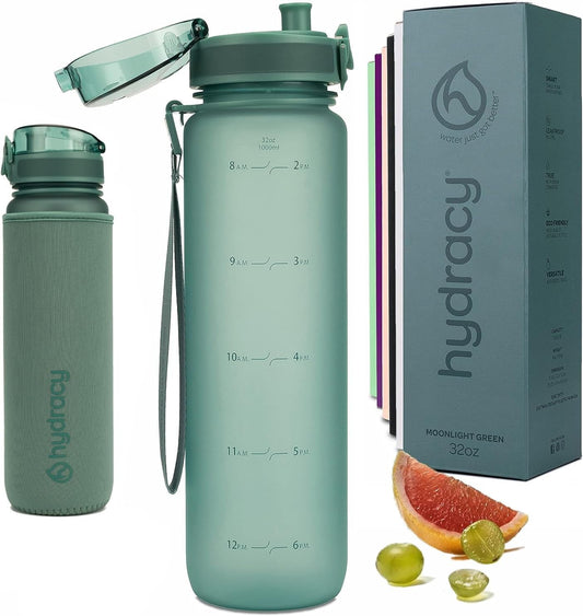 Water Bottle with Time Marker -Large BPA Free Water Bottle & No Sweat Sleeve -Leak Proof Gym Bottle with Fruit Infuser Strainer & Times to Drink -Ideal for Fitness Sports & Outdoors - WORLD TIME VISITS