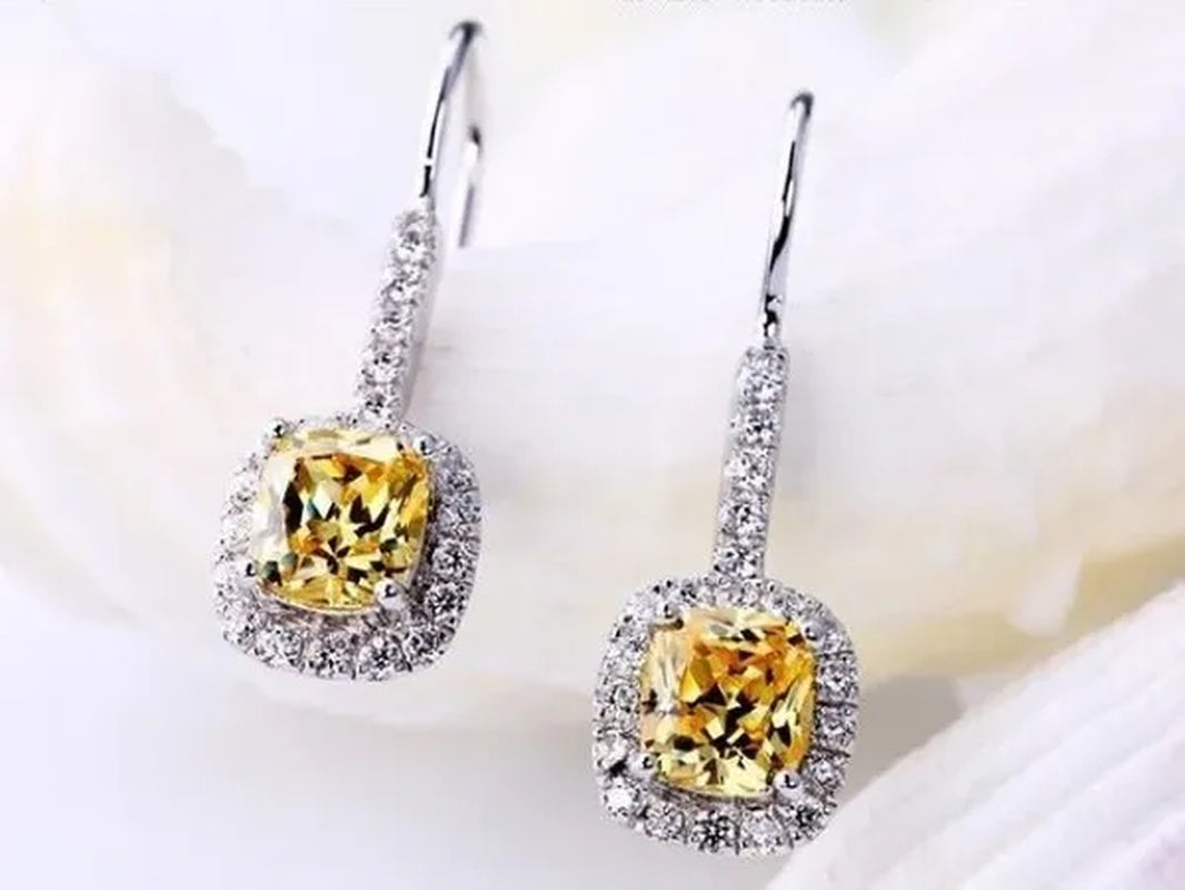18K White Gold GP AAA CZ Zircon Citrine Pendant Necklace Earrings Princess Cut Drop Earring Jewellery Set