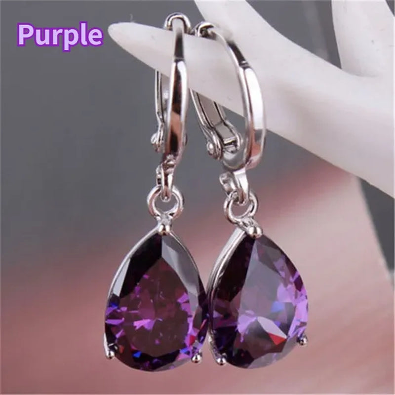Women Silver Plated Pink Blue Cubic Zirconia Earrings Water Drop Pendant Earrings Bride Wedding Engagement Anniversary Gift Jewelry - WORLD TIME VISITS