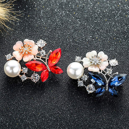 Women Faux Quartz Butterfly Flower Imitation Pearl Brooch Pin Lapel Clip Decoration Festival Birthday Gift- Rose Gold Festival Birthday Gift- Red