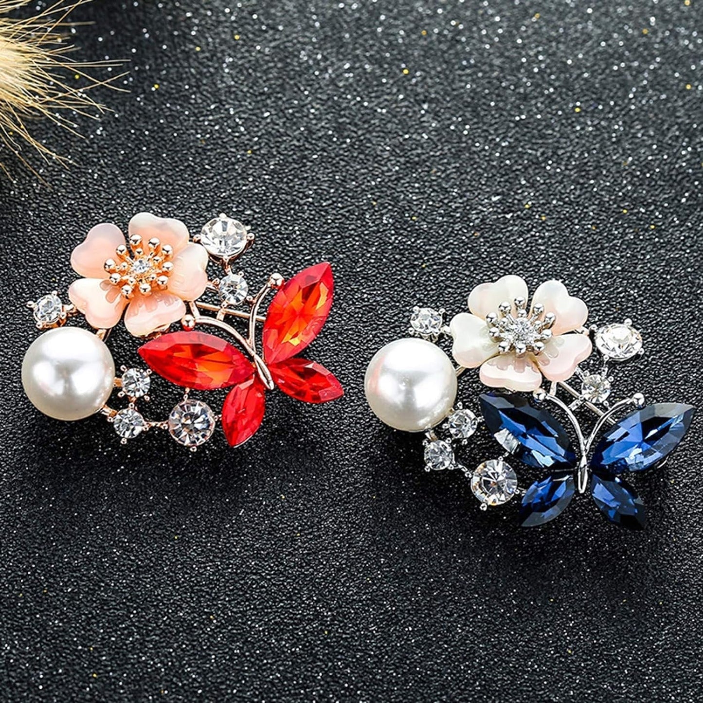 Women Faux Quartz Butterfly Flower Imitation Pearl Brooch Pin Lapel Clip Decoration Festival Birthday Gift- Rose Gold Festival Birthday Gift- Blue