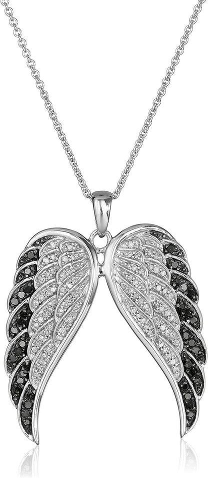 Sterling Silver Black and White Diamond Angel Wings Pendant Necklace (1/2 Cttw), 18" (Previously Amazon Collection) - WORLD TIME VISITS