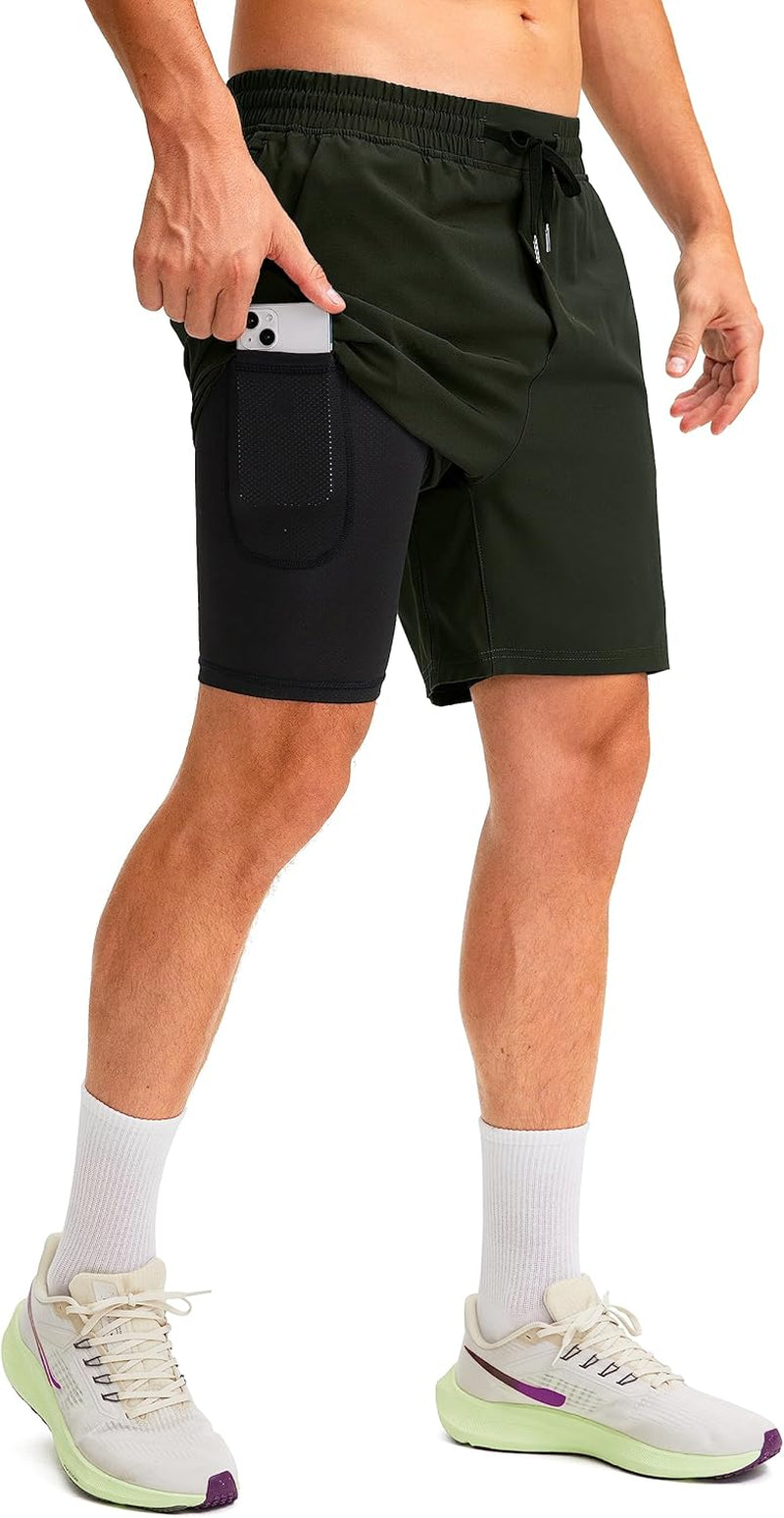 Men'S 2 in 1 Running Shorts with Liner 7 Inch Training Gym Athletic Workout Shorts for Men with Zipper Pockets