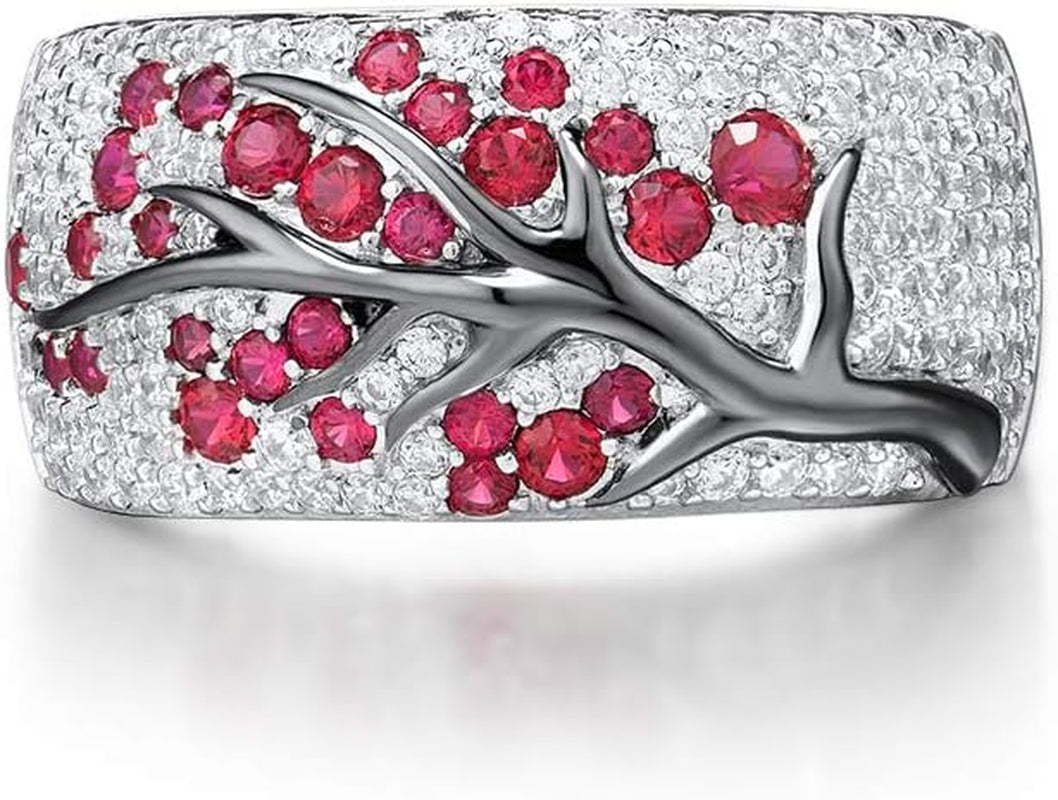 925 Sterling Silver Cherry Ring Cubic Zirconia Tree Branches Ring for Women