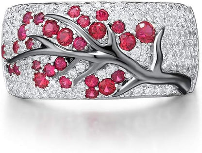 925 Sterling Silver Cherry Ring Cubic Zirconia Tree Branches Ring for Women