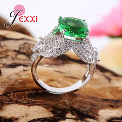 New Arrival Square Green Crystal Wedding Engagement Ring with Clear Cubic Zirconia Women 925 Sterling Silver Party Rings