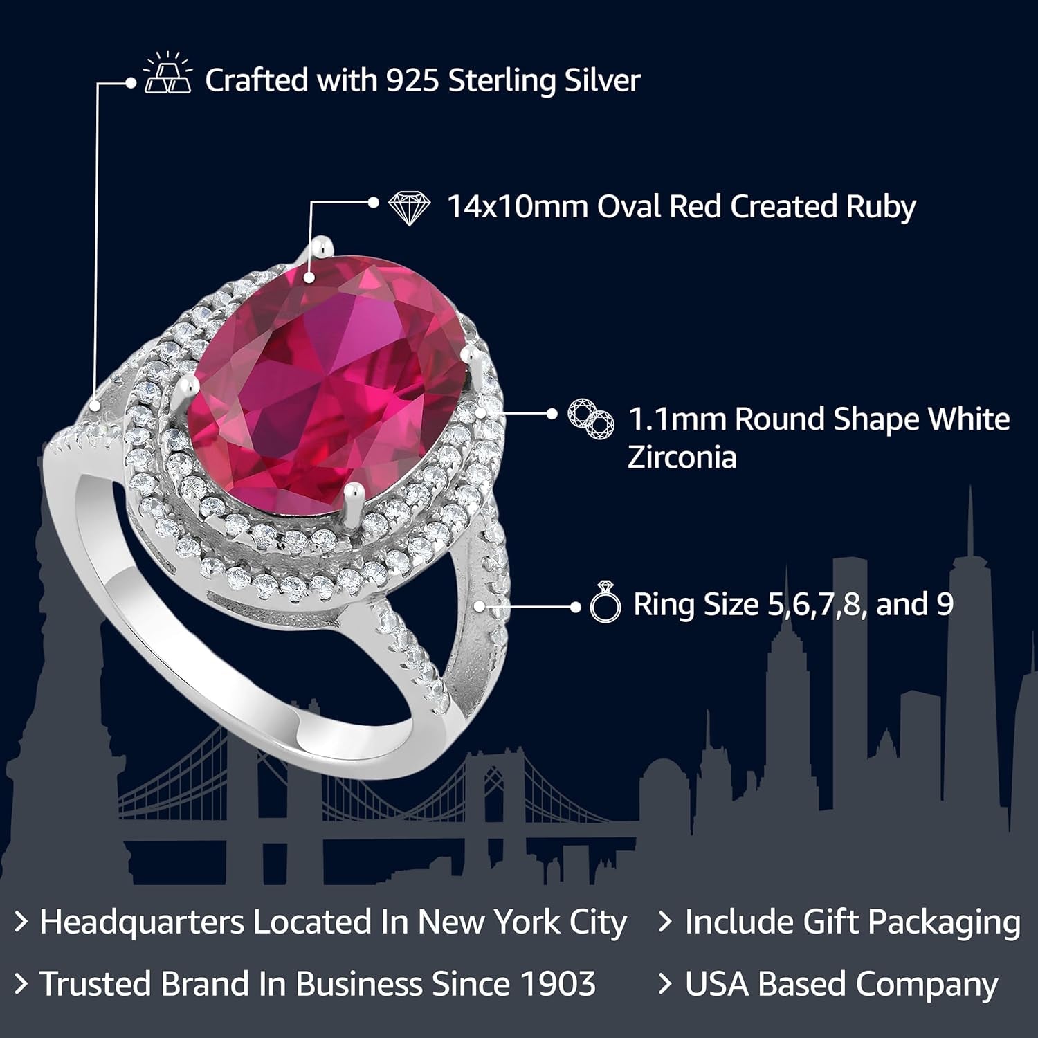 5-10 Cttw Gemstone Birthstone Ring for Women | 925 Sterling Silver | Oval 14X10MM | Wedding Engagement Anniversary Promise Ring for Women | Available in Size 5, 6, 7, 8, 9 - WORLD TIME VISITS