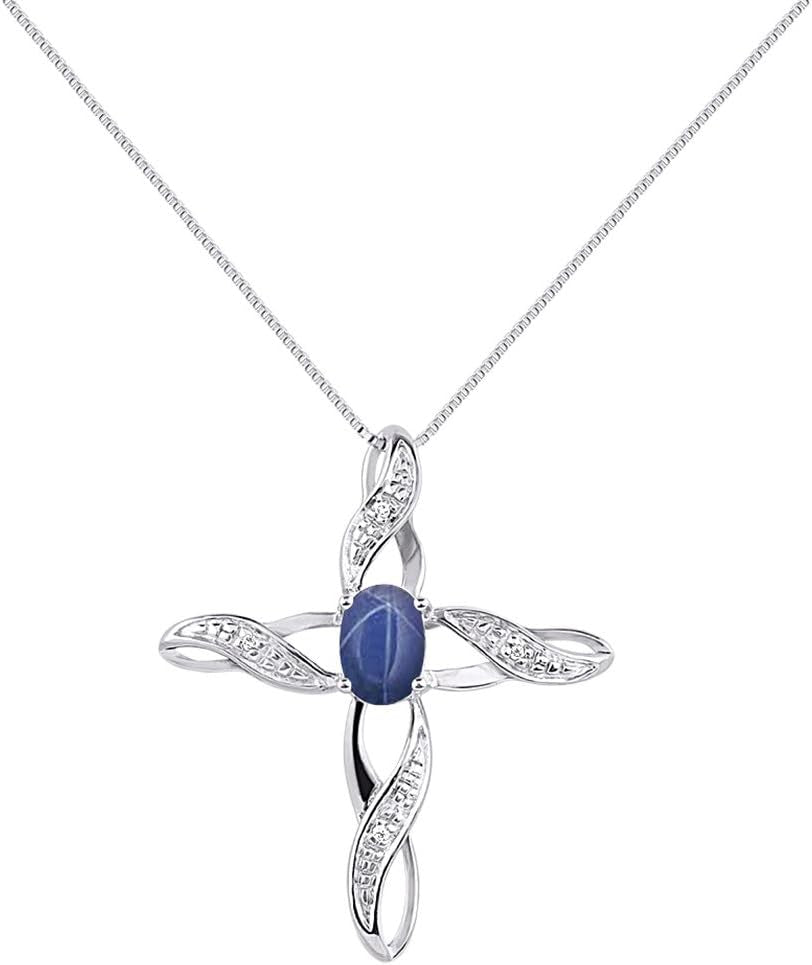 Necklace Sterling Silver 925 Cross Necklace with Gemstone & Diamonds Pendant with 18" Chain 7X5MM Birthstone Womens Jewelry Silver Necklace for Women Diamond Necklace