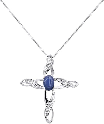 Necklace Sterling Silver 925 Cross Necklace with Gemstone & Diamonds Pendant with 18" Chain 7X5MM Birthstone Womens Jewelry Silver Necklace for Women Diamond Necklace