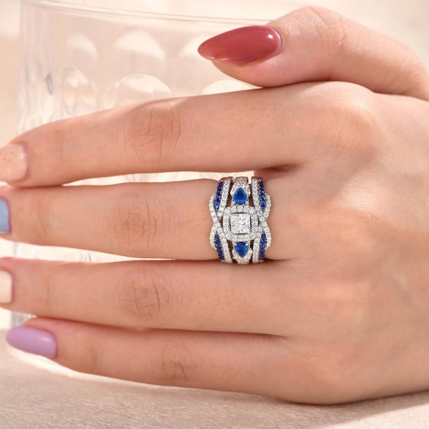 SHELOVES Blue Sapphire White CZ Ring Enhancer for Engagement Rings Infinity Wrap Guard 925 Sterling Silver 5-10