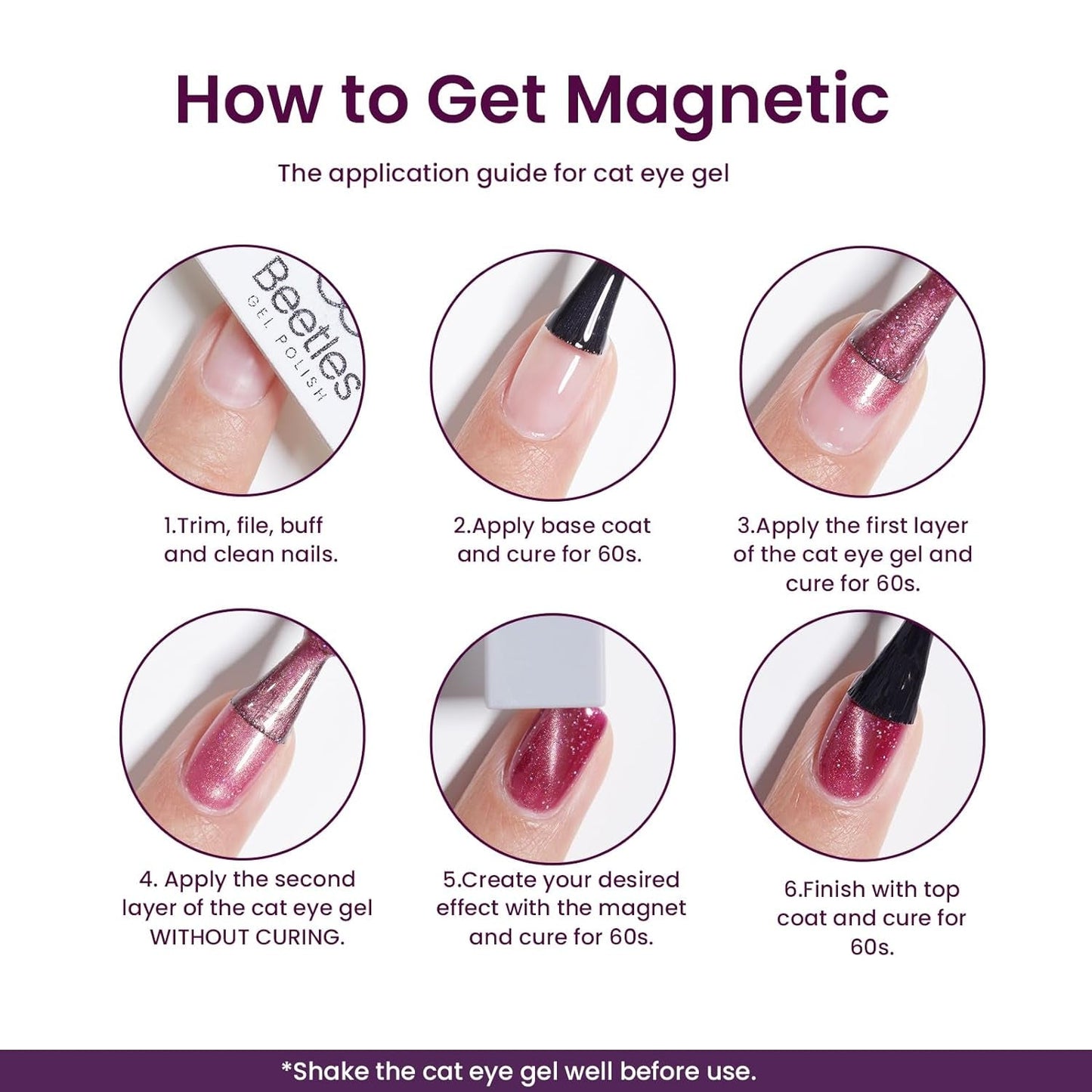 Beetles Cat Eye Gel Nail Polish Set, 6 Colors Purple Glitter Nude Sparkle Stunning Champagne Burgundy Gold Lavender Magnetic Effect Nail U V Gel Polish Art Design at Home Gifts for Women