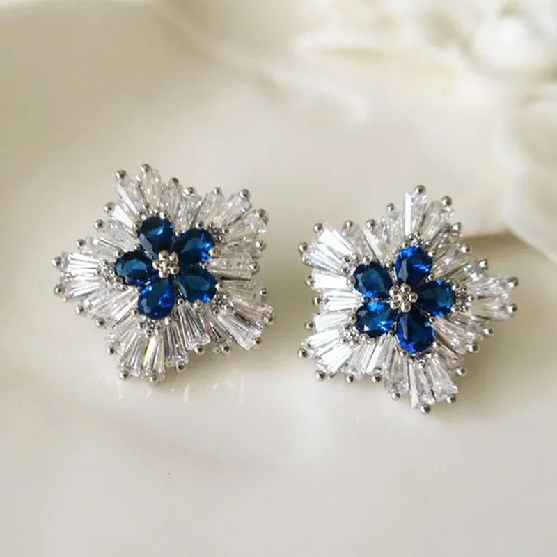 Charming Blue Sapphire Diamond Flower Stud Earrings for Women Enengagement Party Romantic Jewelry Lover Gifts - WORLD TIME VISITS
