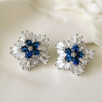Charming Blue Sapphire Diamond Flower Stud Earrings for Women Enengagement Party Romantic Jewelry Lover Gifts - WORLD TIME VISITS
