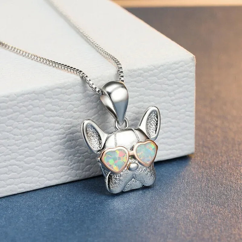 Fashion 925 Silver Plated Cgold Dog Charm White Simulated Opal Pendant Necklace Wedding Jewelry