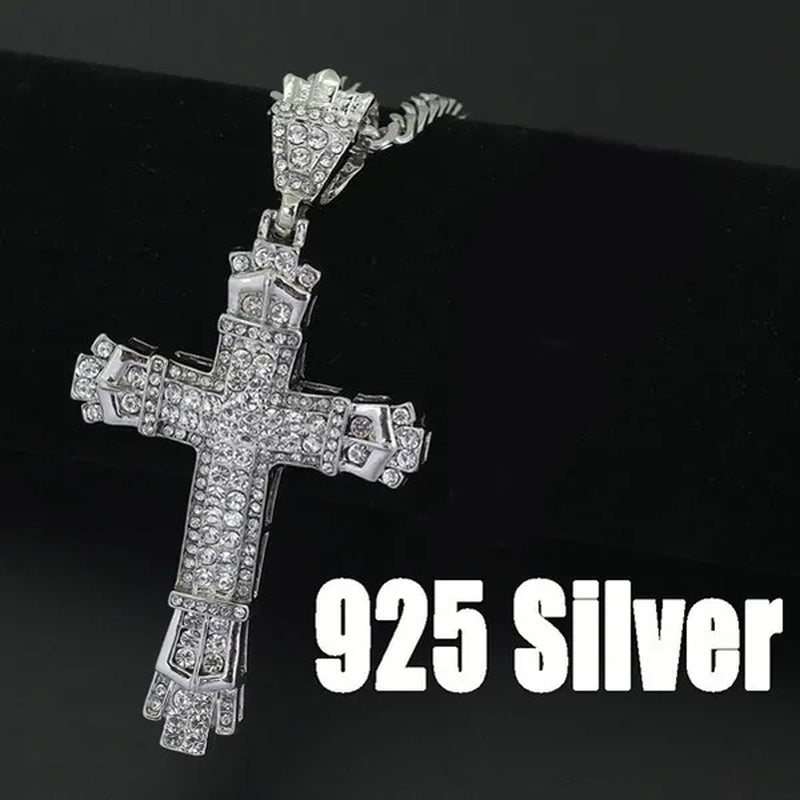 Fashion 24K Gold 925 Silver Cross Diamond Pendant Men's Punk Jewelry Rhinestone Religious Pendant Necklace