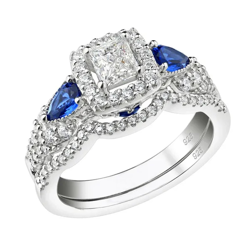 Newshe Wedding Ring Sets For Women Princess Pear Blue Sapphire Engagement Rings Bridal Jewelry 925 Sterling Silver Sz 5-12