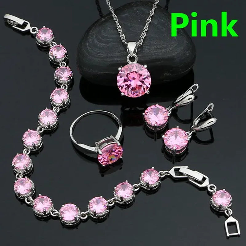925 Sterling Silver Bridal Jewelry Sets Green Emerald Drop Earrings Ring Pendant Necklace Bracelet 4Pcs Birthday Gift for Women