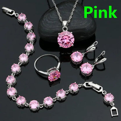 925 Sterling Silver Bridal Jewelry Sets Green Emerald Drop Earrings Ring Pendant Necklace Bracelet 4Pcs Birthday Gift for Women