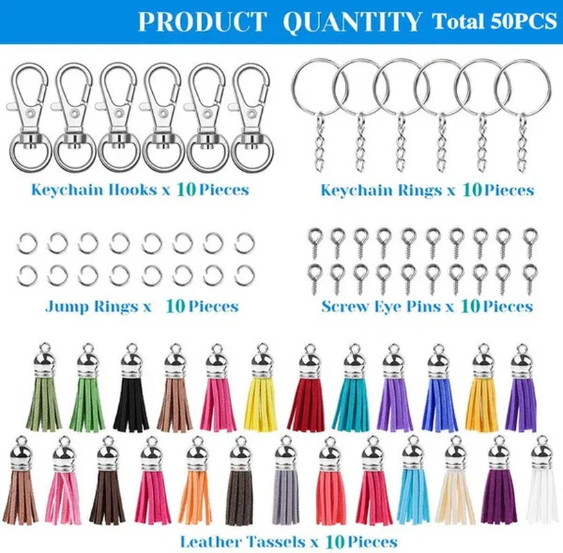 Keychain Tassles, 50pcs Bulk Keychains Ring Set Includes 10pcs Tassels for Crafts, 10pcs Keychain Clips, 10pcs Key Chain Rings, 10pcs Jump Ring and 10pcs Screw Eye Pins for Acrylic Blank Keyc