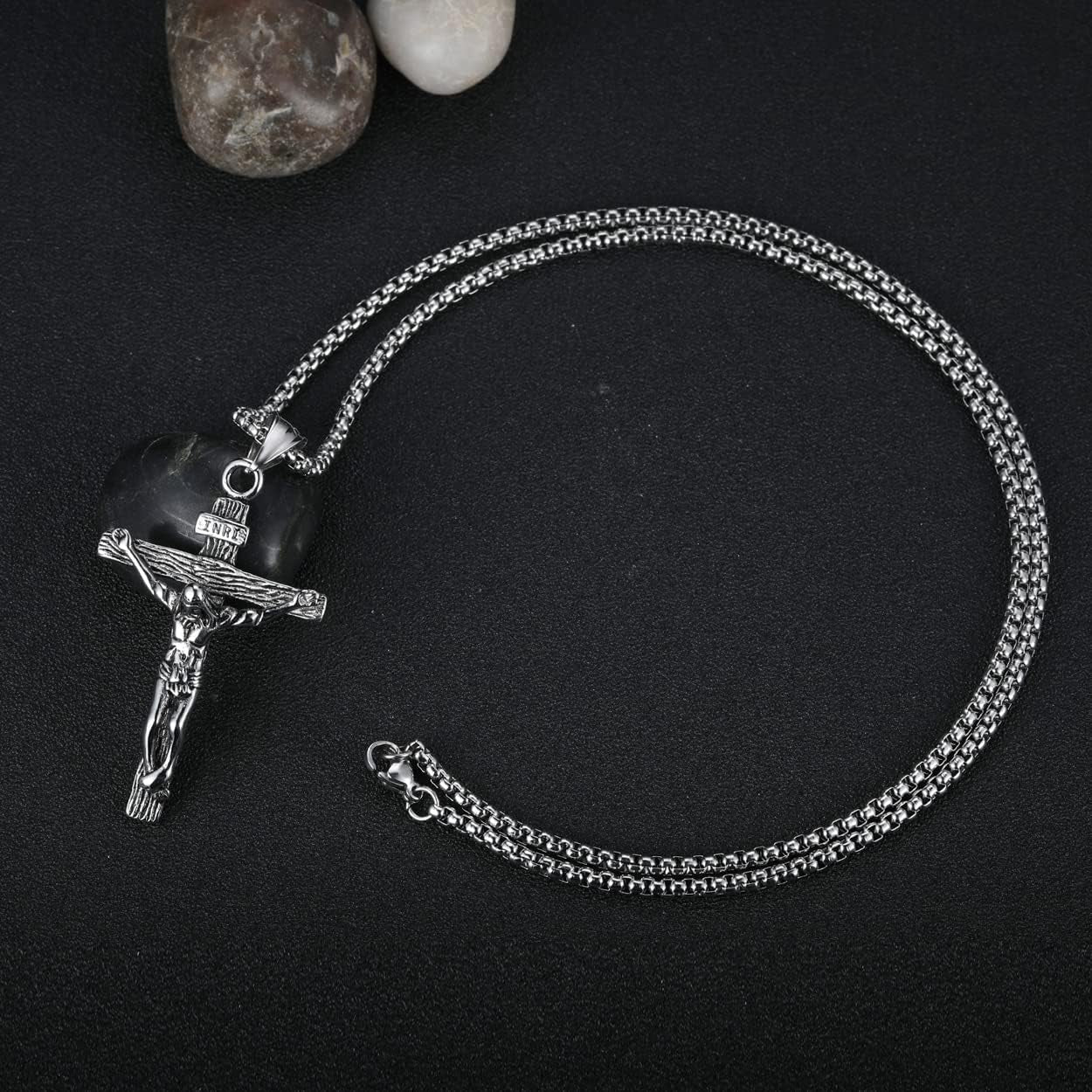Jesus Christ on INRI Crucifix Cross Pendant Necklace for Teens Womens Mens with 24 Inch Stainless Steel Chain