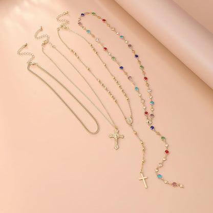 Gold Color Cross Pendant Necklace Set for Women,Dainty Big Crystal Cross Imitation Pearl Layered Chain Necklace Summer Party Jewelry