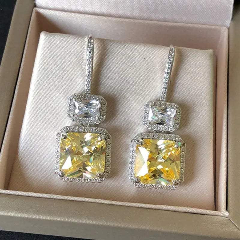 Fashion Women Square Citrine Vice Stone Diamond Earring Silver Plated White Sapphire Drop Earring Girl Wedding Anniversary Gift