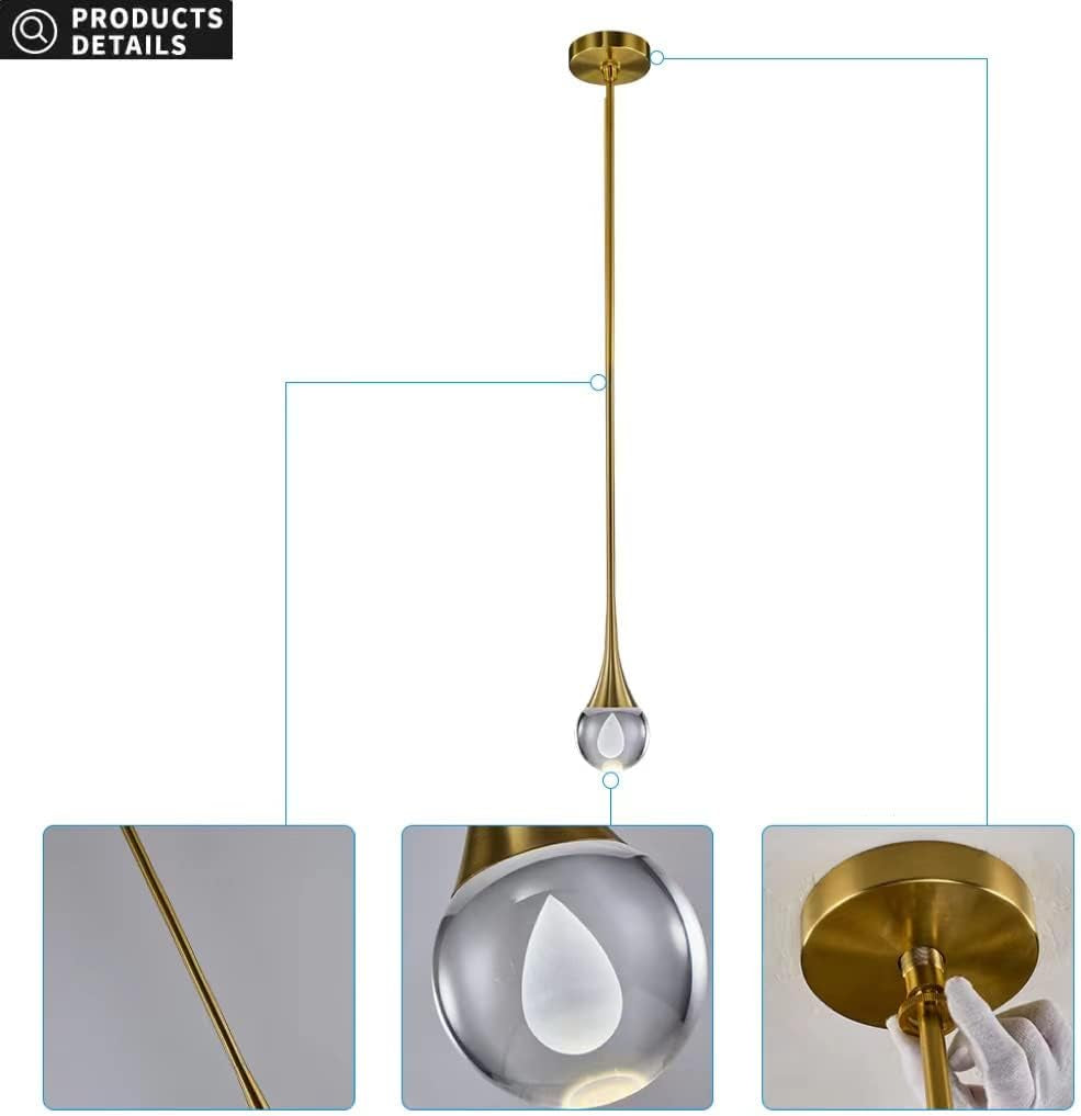 Pendant Light Fixtures 1-Light Mini Pendant Lighting for Kitchen，Gold Globe Pendant LED Light Fixture，Teardrop Crystal Pendant Light for Bedroom Dining Room Bar