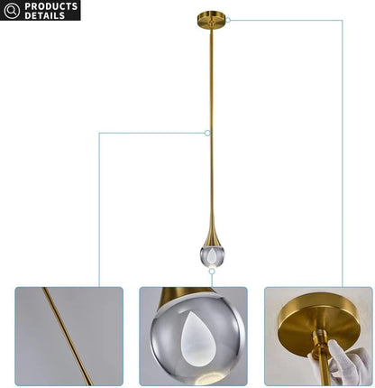 Pendant Light Fixtures 1-Light Mini Pendant Lighting for Kitchen，Gold Globe Pendant LED Light Fixture，Teardrop Crystal Pendant Light for Bedroom Dining Room Bar