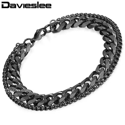 9mm Bracelet for Men Women Curb Cuban Box Link Double Chain Gold Silver Black Tone Gold Plated Stainless Steel Wristband Polished Fashion Jewelry
