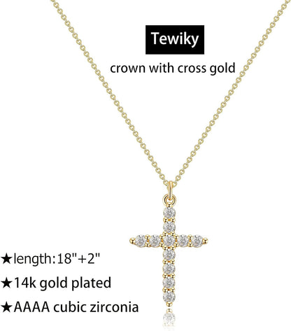 Cross Necklace for Women-Dainty Simple 14K Gold Plated Cross Pendant Cute Diamond Necklaces for Women Gold Jewelry