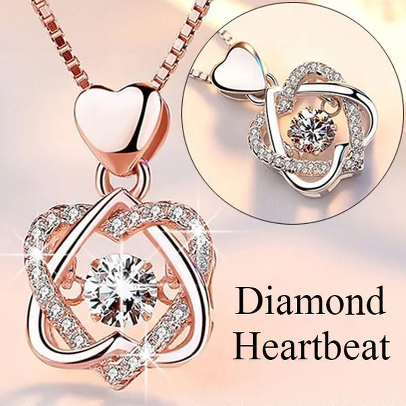 Fashion Romantic Double Heart Diamond Heartbeat Necklace Sapphire Flower Pendant Necklace with Zircon Rose Necklace for Women Engagement Jewelry - WORLD TIME VISITS