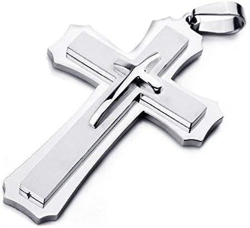 Mens Large Polished Stainless Steel Three Giant Cross Pendant Necklace Silver with 22 Inch Chain - WORLD TIME VISITS