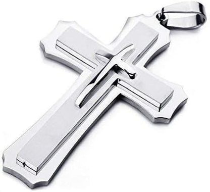 Mens Large Polished Stainless Steel Three Giant Cross Pendant Necklace Silver with 22 Inch Chain - WORLD TIME VISITS