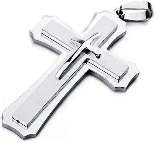 Mens Large Polished Stainless Steel Three Giant Cross Pendant Necklace Silver with 22 Inch Chain - WORLD TIME VISITS