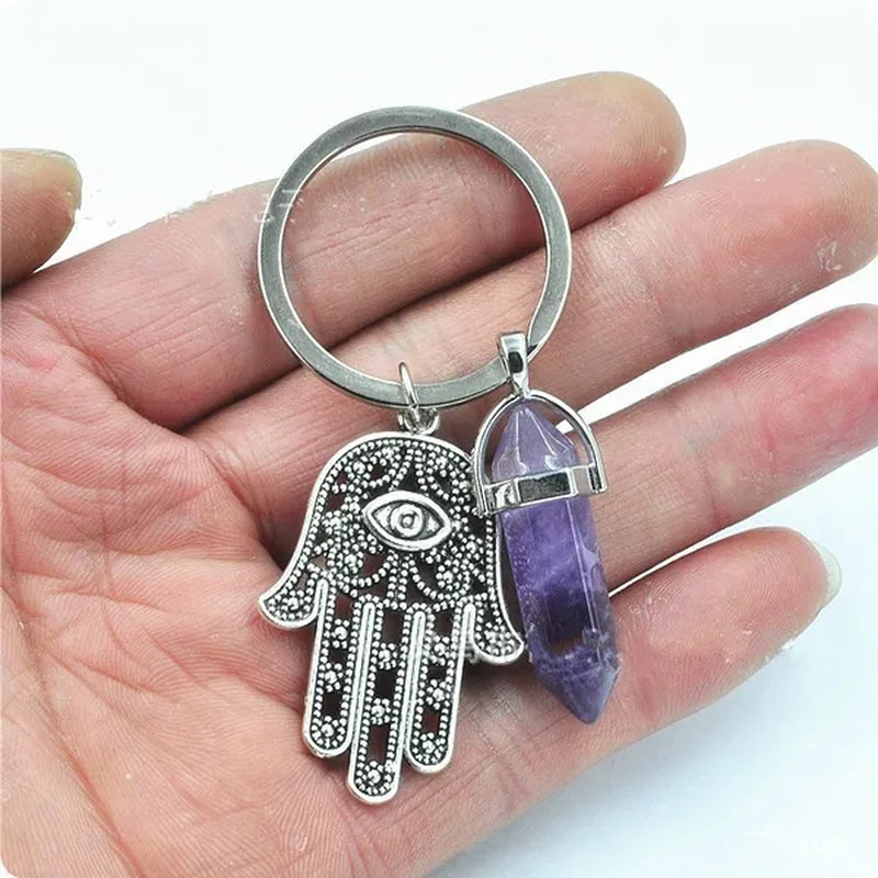 1Pcs Natural Quartz Crystal Point Chakra Healing Stone Gem Stone Pendant Keyring Key Chain Ring Family Gifts