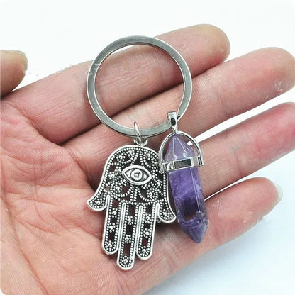 1Pcs Natural Quartz Crystal Point Chakra Healing Stone Gem Stone Pendant Keyring Key Chain Ring Family Gifts