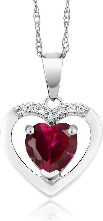 10K White Gold 6MM Heart Shape Gemstone Birthstone and White Diamond Pendant Necklace | Gold Necklace for Women | with 18 Inch Chain - WORLD TIME VISITS