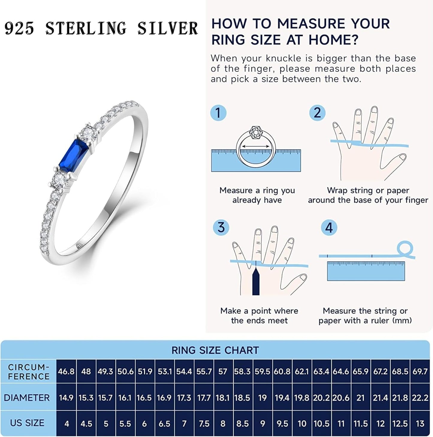 925 Sterling Silver Baguette Created Diamond Rings for Women Thin Stackable Birthstone Promise Rings Half Eternity Halo Cubic Zirconia Wedding Band Rings for Her Size 5-10