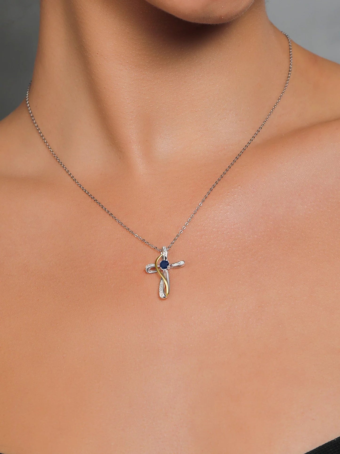 925 Sterling Silver and 10K Yellow Gold 2 Tone Blue Sapphire and White Lab Grown Diamond Infinity Cross Pendant Necklace for Women (0.38 Cttw, with 18 Inch Chain)