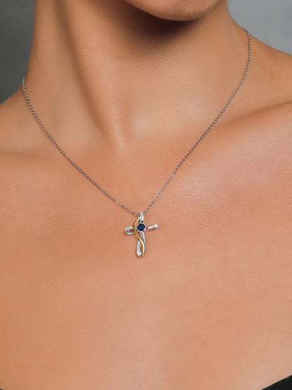 925 Sterling Silver and 10K Yellow Gold 2 Tone Blue Sapphire and White Lab Grown Diamond Infinity Cross Pendant Necklace for Women (0.38 Cttw, with 18 Inch Chain)