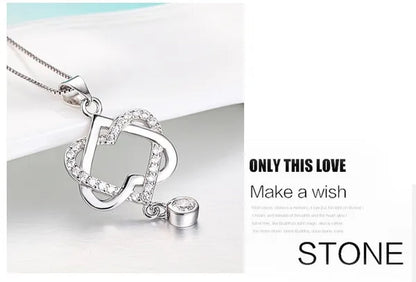 New Fashion 925 Silver  Women Double Heart Diamond Pendant Chain Necklace Jewelry Gifts for Love(Pendant and Chain)