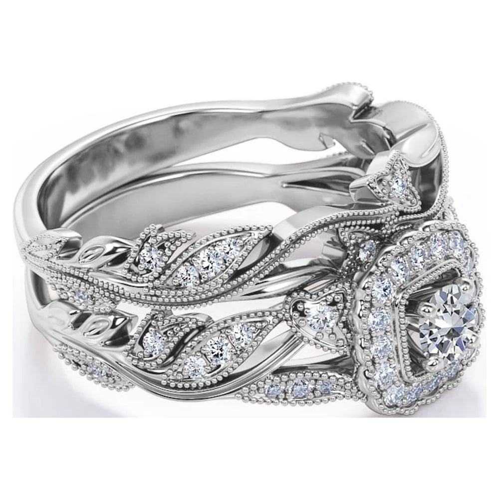 Antique - round Diamond - Edwardian Diamond Filigree Ring - Art Deco Style - Wedding Ring Set in 10K White Gold