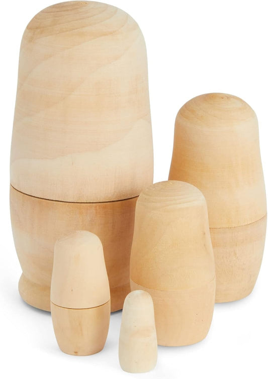 5 Piece Set of Unpainted Blank Russian Nesting Dolls for DIY Crafts, Art Projects