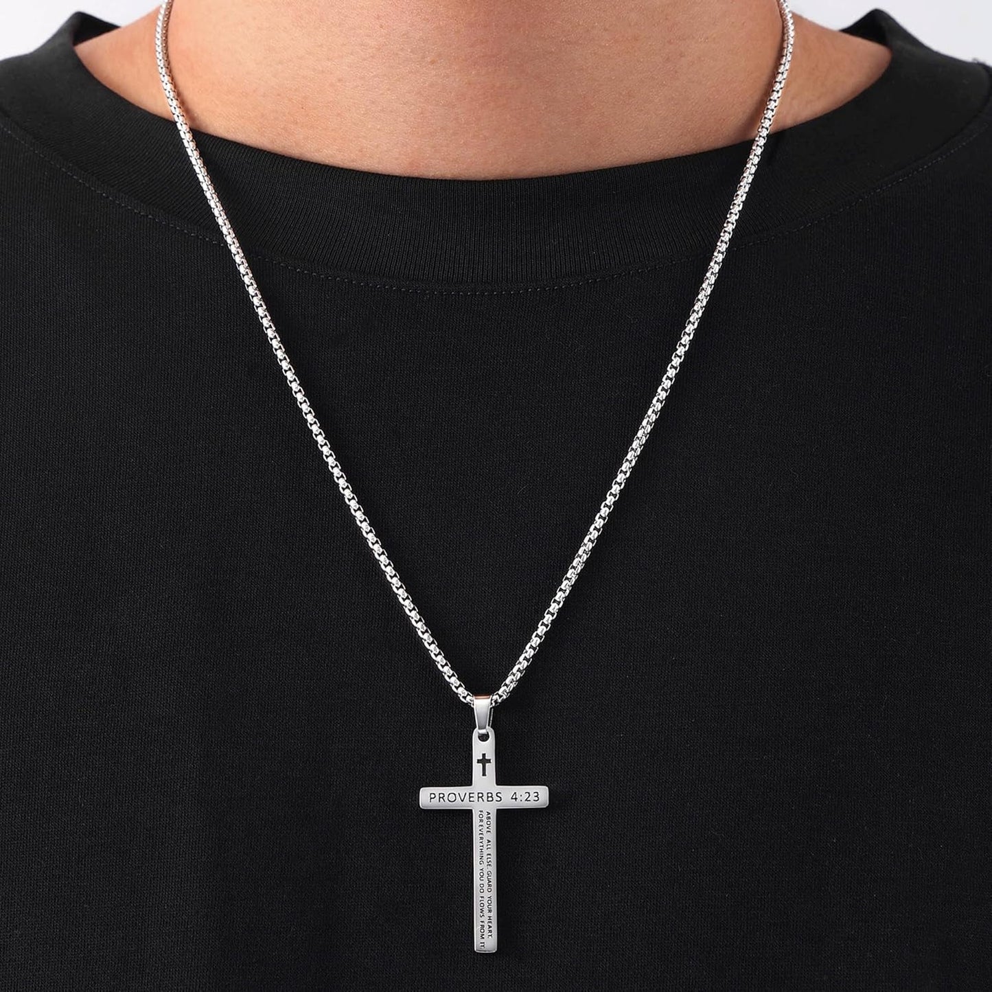 Bible Verse Cross Necklace for Men, Stainless Steel Mens Necklace, Black/Gold/Silver Tone Cross Pendant for Men