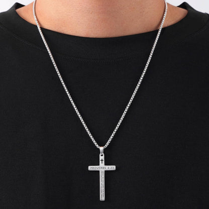 Bible Verse Cross Necklace for Men, Stainless Steel Mens Necklace, Black/Gold/Silver Tone Cross Pendant for Men